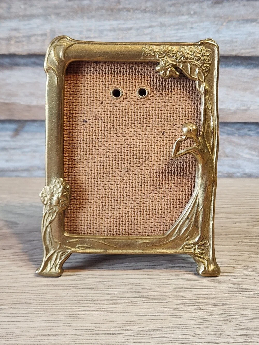 Vintage Brass Art Nouveau Picture Frame with Standing Lady Floral Tabletop Frame